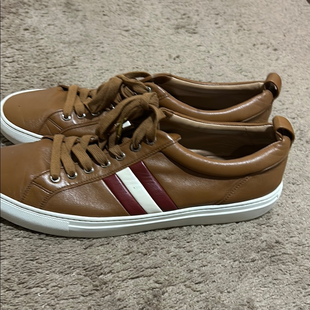 Bally Brown and Red Leather Sneakers with Sporty Stripes